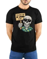 Zany Skeleton Hawaiian Shirt I Have A Lot Of Living To Do Tee - model wearing black tee with hands behind back