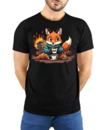 Cozy Reading Fox Campfire Fuel Coffee First Graphic Tshirt - model wearing black tee with hands behind back