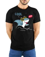 Groovy Shark Sunglasses Cool Dude Beach Vibe Graphic Tshirt - model wearing black tee with hands behind back