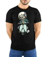 Vintage Scooter Skull Rider Retro Mod Style Graphic Tee - model wearing black tee with hands behind back