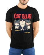 Gloomy Bored Cat Club Unimpressed Feline Graphic Tshirt - model wearing black tee with hands behind back