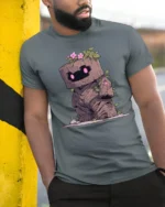 Nature Guardian Wood Golem Pink Flower Graphic Tshirt - model wearing grey tee, leaning on column