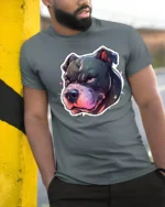 Powerful Pitbull Snarling Alpha Bully Street Art Tshirt - model wearing grey tee, leaning on column