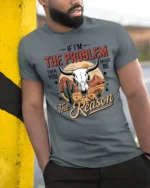 Bold Desert Bull Skull Western Slogan Graphic Tshirt - model wearing grey tee, leaning on column