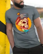 Virtual Reality King Skull Rainbow Drip Gaming Graphic Tshirt - model wearing grey tee, leaning on column