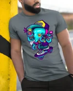 Rad Skateboarding Octopus Urban Street Style Graphic Tee - model wearing grey tee, leaning on column