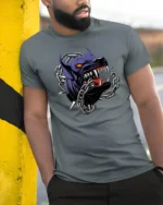 Ferocious Beast Breaking Chains Alpha Monster Graphic Tshirt - model wearing grey tee, leaning on column