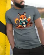Cozy Reading Fox Campfire Fuel Coffee First Graphic Tshirt - model wearing grey tee, leaning on column