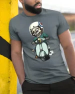 Vintage Scooter Skull Rider Retro Mod Style Graphic Tee - model wearing grey tee, leaning on column