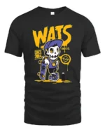 Radical Skater Skeleton WATS Graffiti Street Style Tshirt - black t-shirt on white background