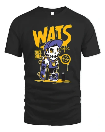 Radical Skater Skeleton WATS Graffiti Street Style Tshirt - black t-shirt on white background