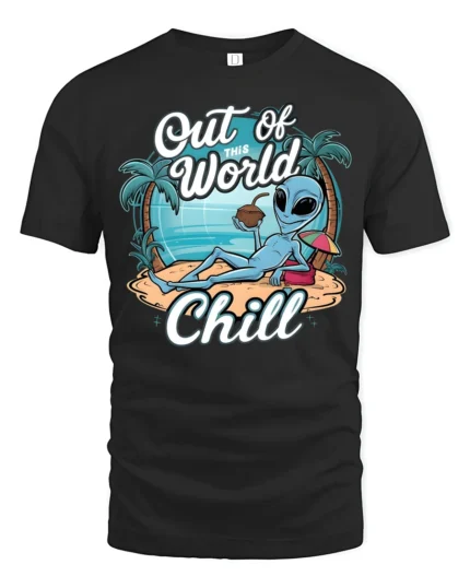 Tropical Blue Alien Out Of This World Chill Beach Tshirt - black t-shirt on white background