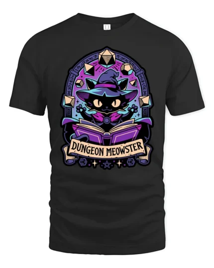 Magical Wizard Cat Dungeon Meowster RPG Dice Graphic Tshirt - black t-shirt on white background