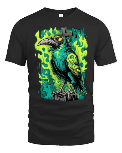 Sinister Raven Green Flame Cross Gothic Graphic Tshirt - black t-shirt on white background