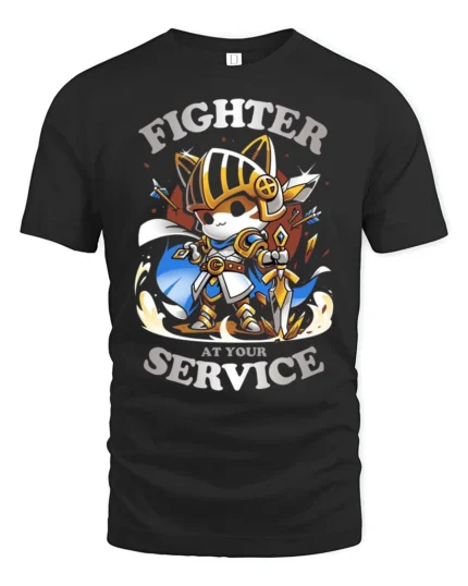 Brave Knight Kitten Fighter At Your Service Graphic Tshirt - black t-shirt on white background