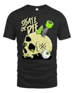 Daring Skate Or Die Skull Green Wheels Graphic Retro Tshirt - black t-shirt on white background