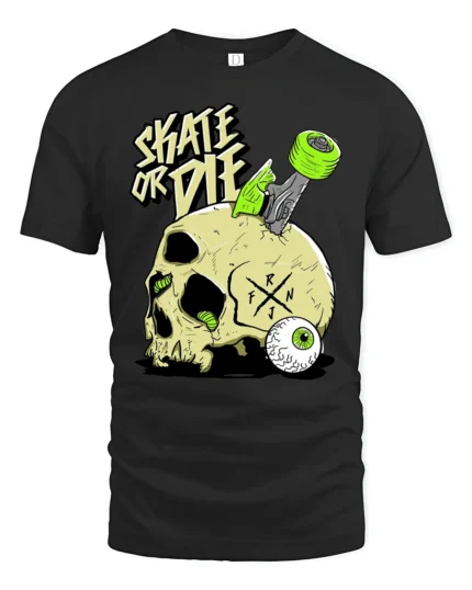 Daring Skate Or Die Skull Green Wheels Graphic Retro Tshirt - black t-shirt on white background