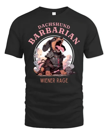 Wiener Rage Dachshund Barbarian Funny DandD Fantasy Tshirt - black t-shirt on white background