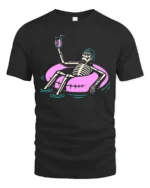 Chilled Summer Skeleton Floating Pink Tube Graphic Tshirt - black t-shirt on white background