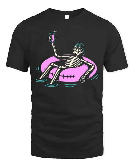 Chilled Summer Skeleton Floating Pink Tube Graphic Tshirt - black t-shirt on white background