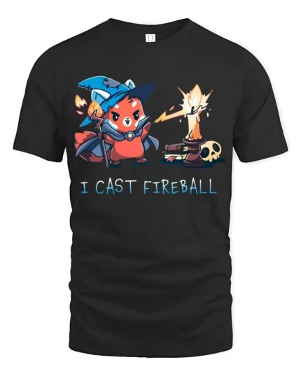 Brave Red Panda Wizard I Cast Fireball Graphic Tshirt - black t-shirt on white background