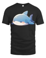 Adorable Grumpy Shark Chibi Blue Aquatic Graphic Tshirt - black t-shirt on white background