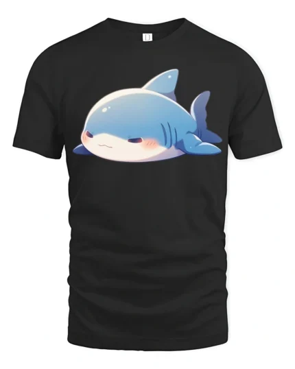 Adorable Grumpy Shark Chibi Blue Aquatic Graphic Tshirt - black t-shirt on white background