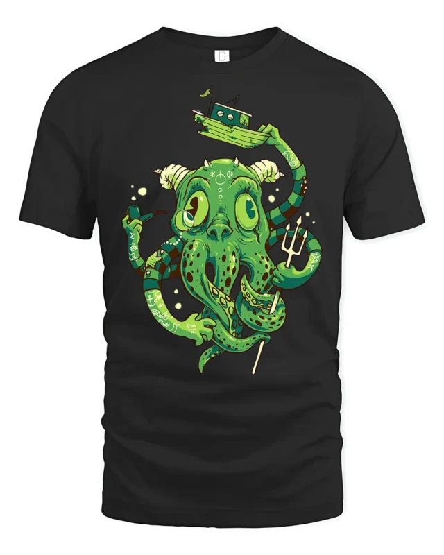 Sophisticated Sea Monster Kraken Trident Graphic Tshirt - black t-shirt on white background