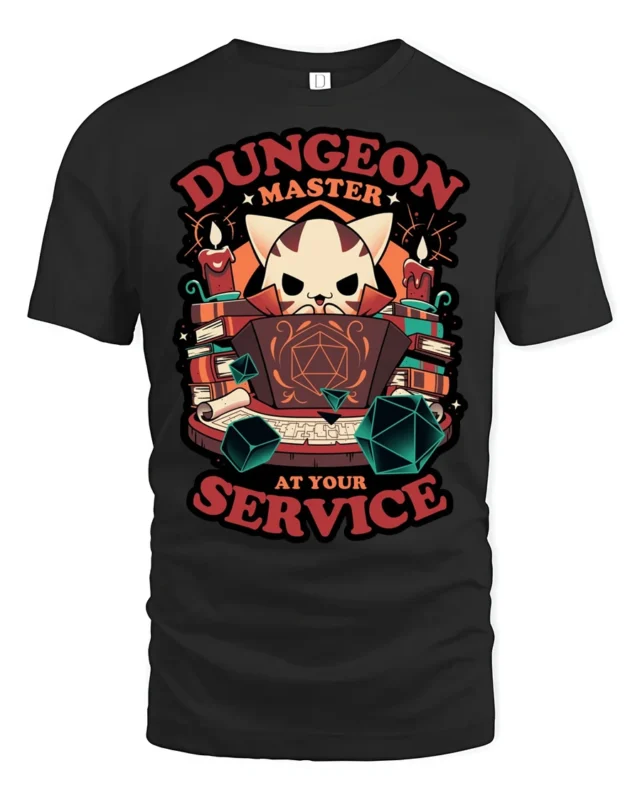 Cute Cat Dungeon Master RPG Dice Tabletop Graphic Tshirt - black t-shirt on white background