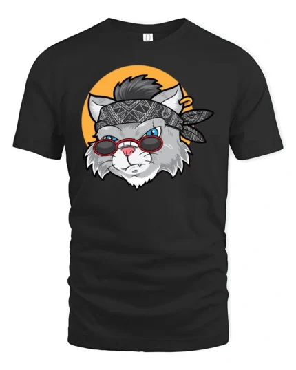 Rockstar Rebel Cat Bandana Sunglasses Retro Graphic Tshirt - black t-shirt on white background