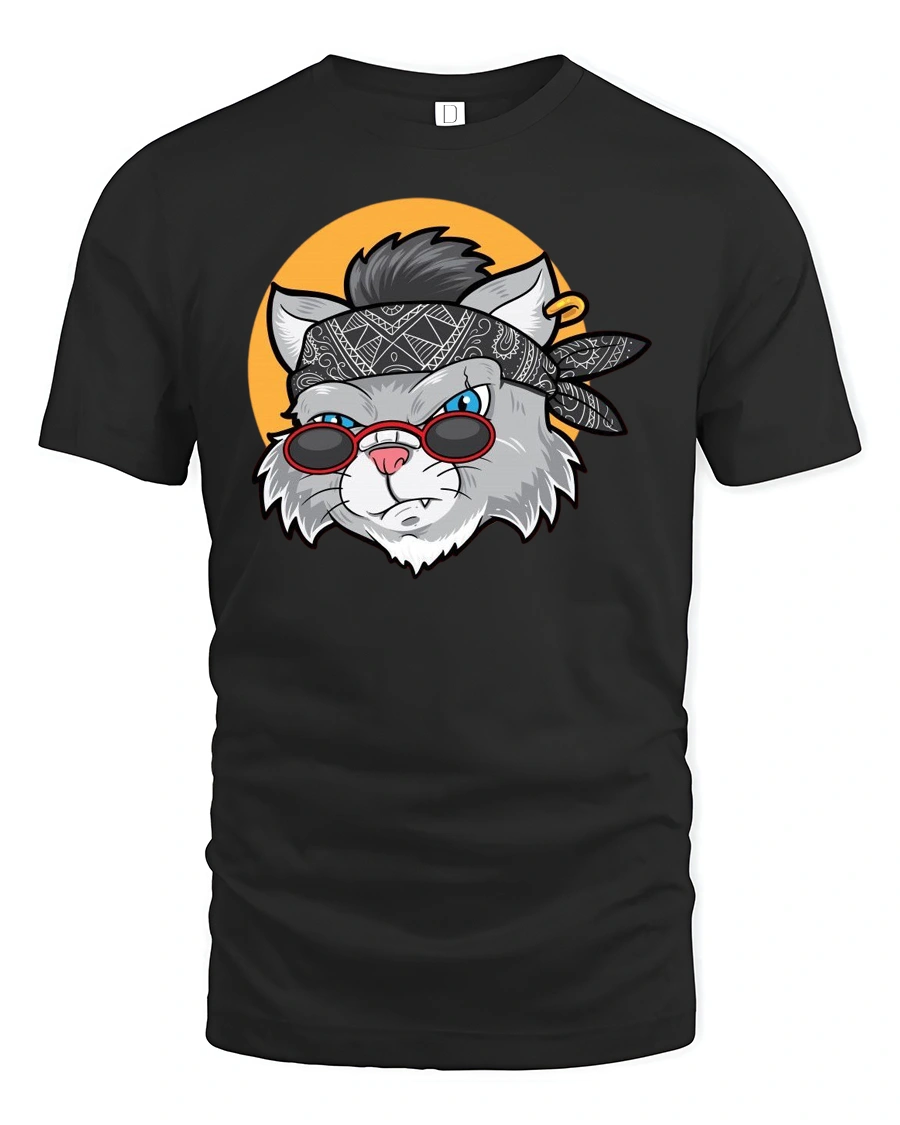 Rockstar Rebel Cat Bandana Sunglasses Retro Graphic Tshirt - 1 Rockstar Rebel Cat Bandana Sunglasses Retro Graphic Tshirt - black t-shirt on white background