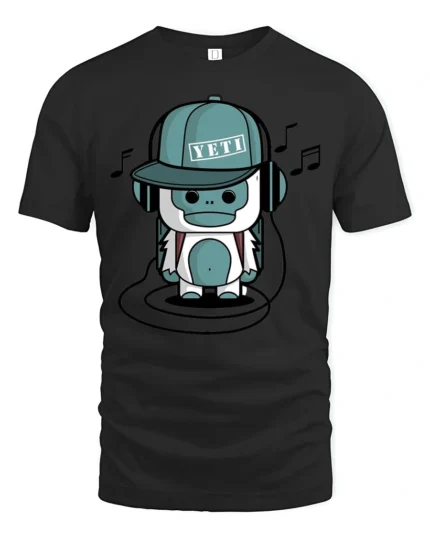 Groovy Music Yeti Headphones Blue Monster Graphic Tshirt - black t-shirt on white background