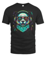 Funky Retro Panda DJ Headphones Music Beat Graphic Tshirt - black t-shirt on white background