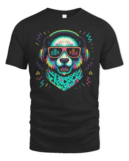 Funky Retro Panda DJ Headphones Music Beat Graphic Tshirt - black t-shirt on white background
