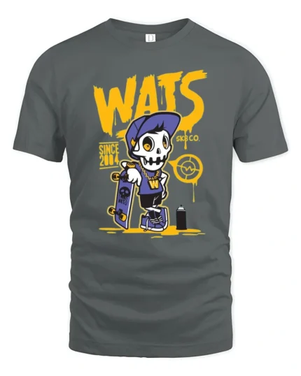 Radical Skater Skeleton WATS Graffiti Street Style Tshirt - gray t-shirt on white background