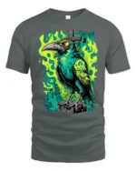 Sinister Raven Green Flame Cross Gothic Graphic Tshirt - gray t-shirt on white background
