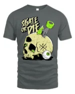 Daring Skate Or Die Skull Green Wheels Graphic Retro Tshirt - gray t-shirt on white background