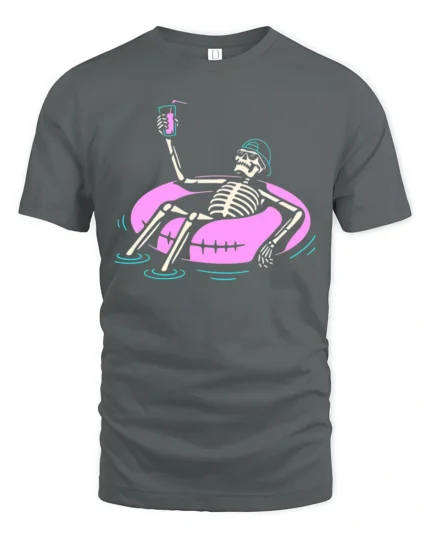 Chilled Summer Skeleton Floating Pink Tube Graphic Tshirt - gray t-shirt on white background