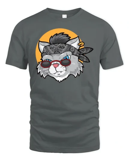 Rockstar Rebel Cat Bandana Sunglasses Retro Graphic Tshirt - gray t-shirt on white background