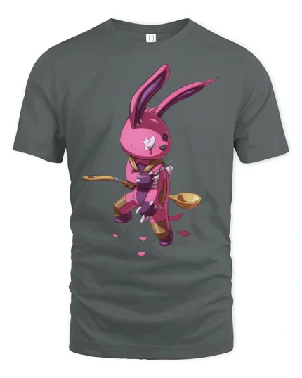 Gutsy Patchwork Rabbit Warrior Graphic Cotton Tshirt - gray t-shirt on white background