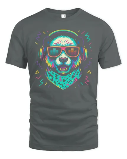 Funky Retro Panda DJ Headphones Music Beat Graphic Tshirt - gray t-shirt on white background