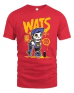 Radical Skater Skeleton WATS Graffiti Street Style Tshirt - red t-shirt on white background