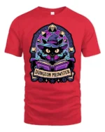 Magical Wizard Cat Dungeon Meowster RPG Dice Graphic Tshirt - red t-shirt on white background