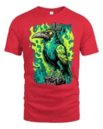 Sinister Raven Green Flame Cross Gothic Graphic Tshirt - red t-shirt on white background