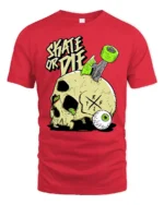 Daring Skate Or Die Skull Green Wheels Graphic Retro Tshirt - red t-shirt on white background