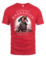 Wiener Rage Dachshund Barbarian Funny DandD Fantasy Tshirt - red t-shirt on white background