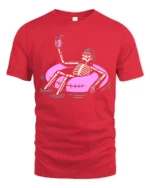 Chilled Summer Skeleton Floating Pink Tube Graphic Tshirt - red t-shirt on white background