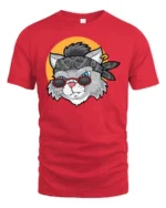 Rockstar Rebel Cat Bandana Sunglasses Retro Graphic Tshirt - red t-shirt on white background
