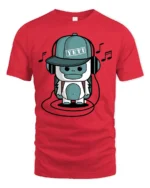 Groovy Music Yeti Headphones Blue Monster Graphic Tshirt - red t-shirt on white background