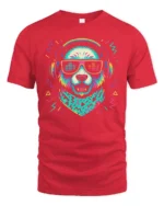 Funky Retro Panda DJ Headphones Music Beat Graphic Tshirt - red t-shirt on white background